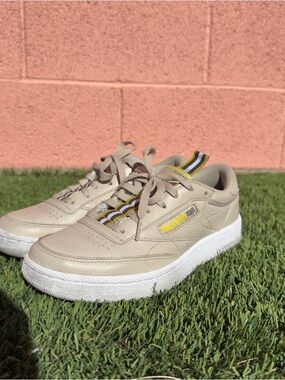 Reebok Tan Leather Sneakers with Yellow Stripe Detail